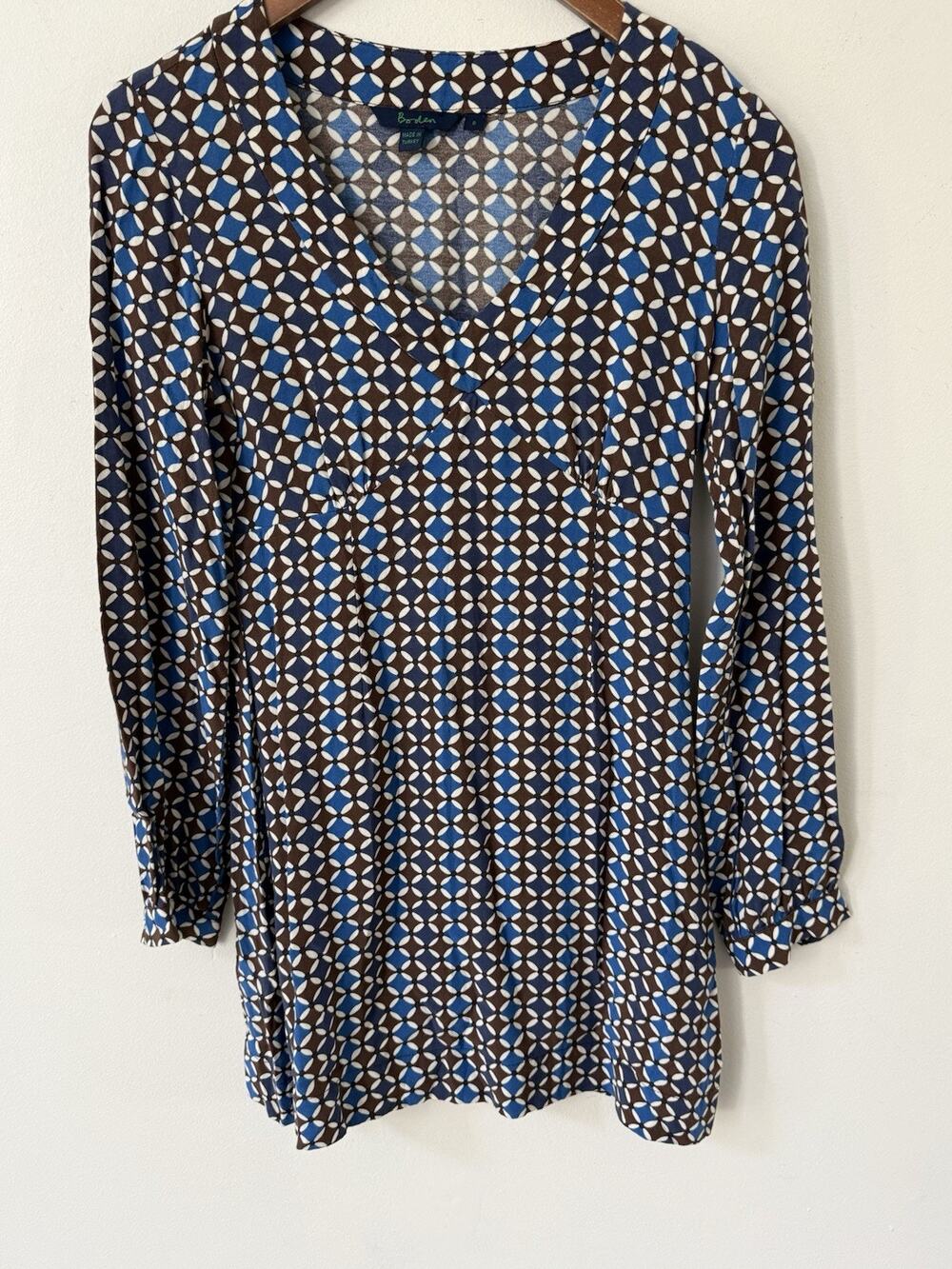 Boden Geometric Print Sheath Dress Womens Size 8 Blue Brown Zip Side Classic